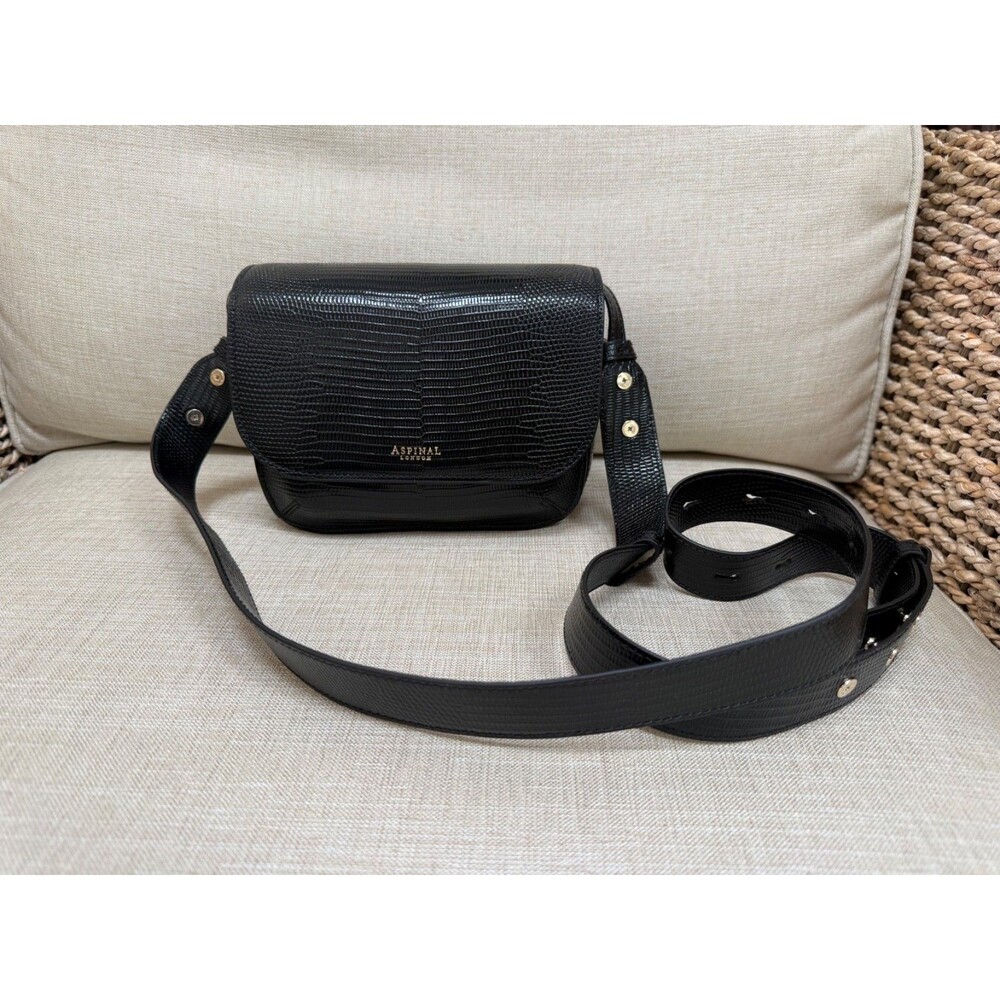 Aspinal of London Black Embossed Croc Leather Ella Crossbody